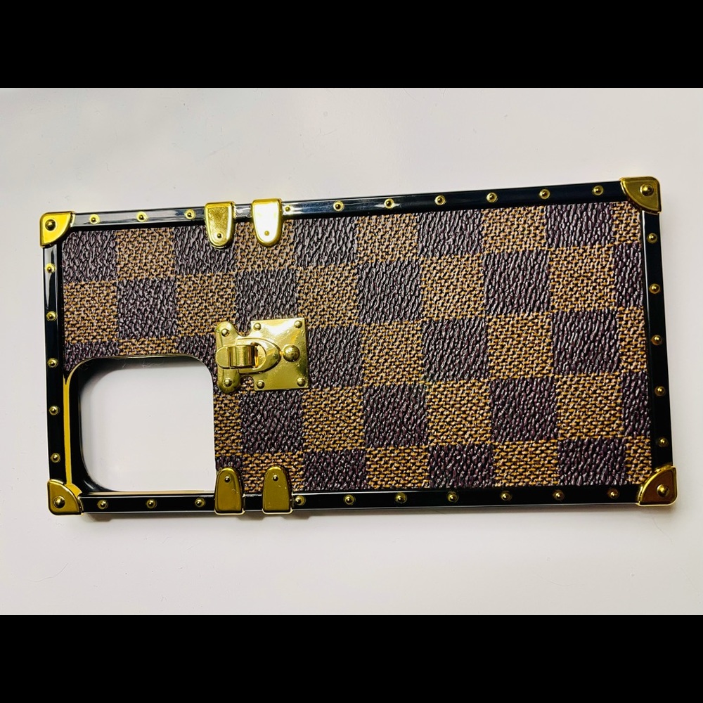 iPhone 12 Pro Max case brown plaid w/ accent gold